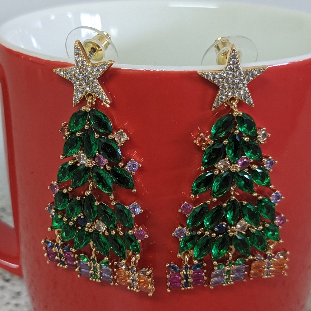 Christmas Tree Earrings CZ Stones - Picture 3 of 5